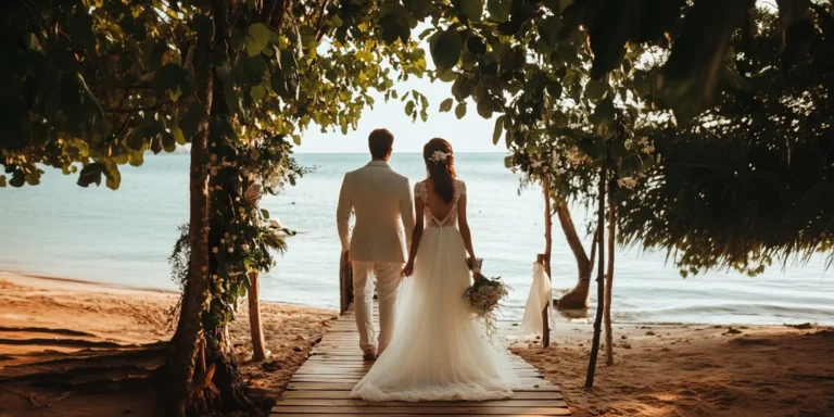 A couple planning their destination wedding by the beach with a checklist in hand.