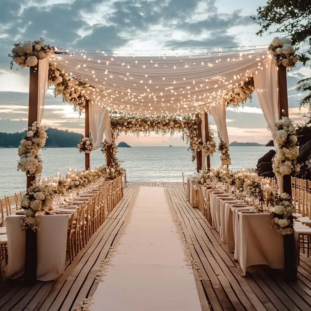 A couple planning their destination wedding by the beach with a checklist in hand.