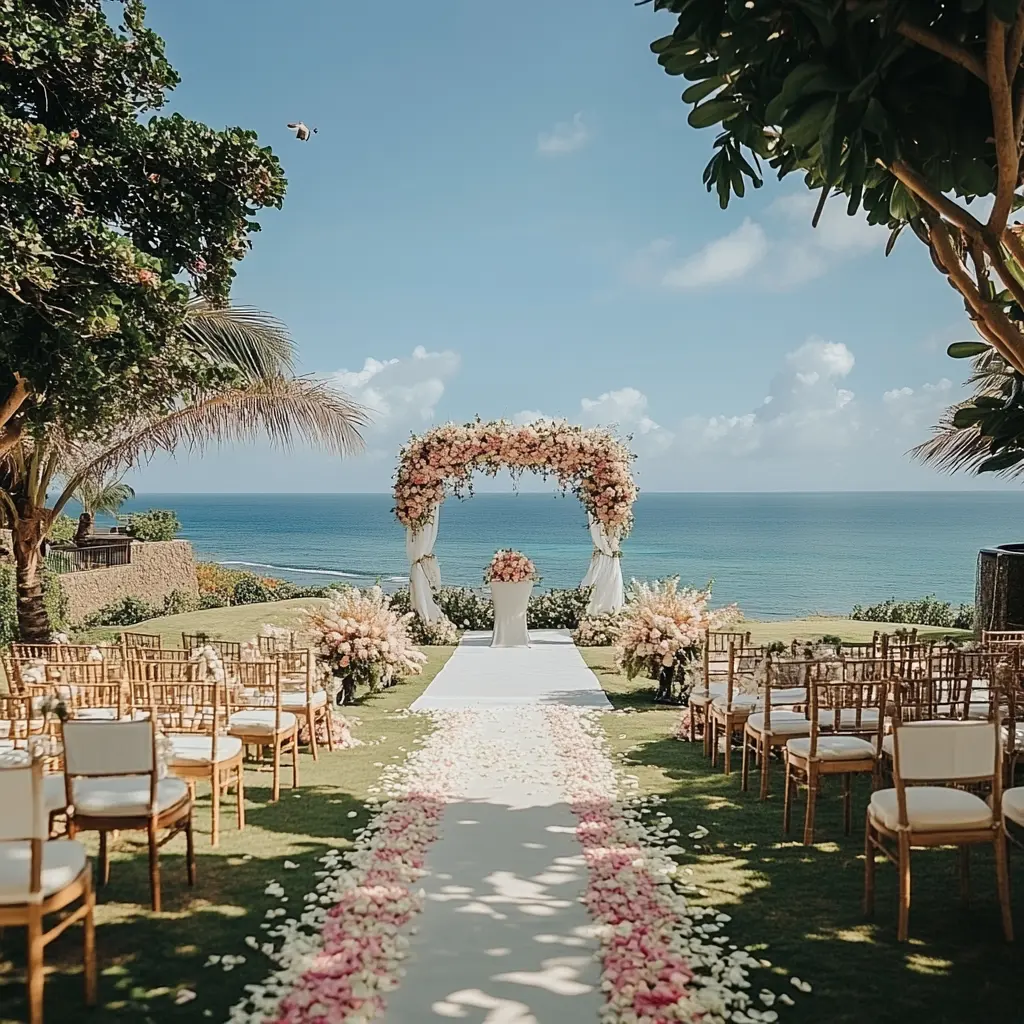 A couple planning their destination wedding by the beach with a checklist in hand.