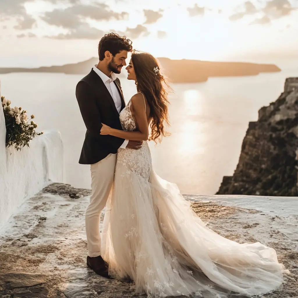 A couple planning their destination wedding by the beach with a checklist in hand.